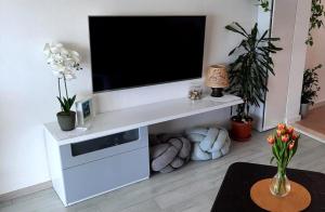 a living room with a television on a white stand at Mali Jakov in Brela