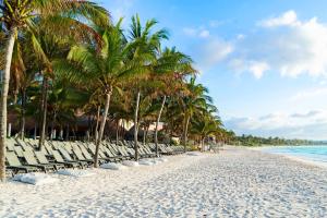 a beach with chairs and palm trees and the ocean at Catalonia Royal Tulum Beach & Spa Resort Adults Only - All Inclusive in Xpu Ha
