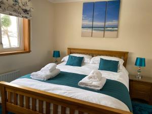 Tempat tidur dalam kamar di Hebridean Sea View Cottage