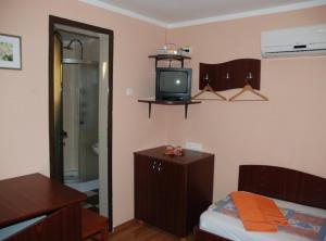 a bedroom with a bed and a tv on the wall at Pension Prodelta in Uzlina