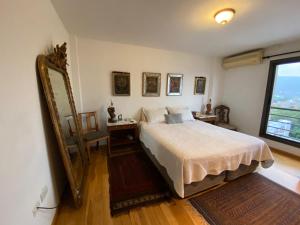 a bedroom with a bed and a mirror and a window at DEPARTAMENTO PREMIUM - 2 HAB. Y 2 BAÑOS in Salta