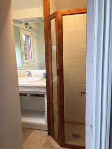 een badkamer met een wastafel en een spiegel bij L' Huis-au-Tilleul in Quarré-les-Tombes