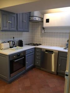 een keuken met blauwe kasten en een fornuis met oven bij L' Huis-au-Tilleul in Quarré-les-Tombes