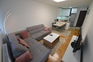 Apartment 54 CITY CENTER - FREE PRIVATE GARAGE في نوفي ساد: غرفة معيشة مع أريكة وطاولة