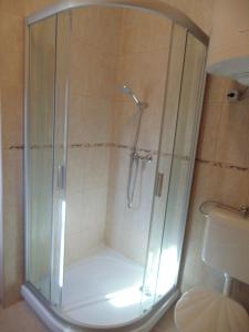 a shower with a glass door in a bathroom at Azúr Vendégház in Hajdúszoboszló +15 photos