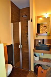 uma casa de banho com um chuveiro e um lavatório azul em B&B Au fil des saisons sur la Wiels em Fauvillers