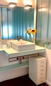 La salle de bains est pourvue d'un lavabo et d'un grand miroir. dans l'établissement CASA JACINTOS, à Tolède