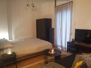 a bedroom with a bed and a tv and a couch at Cozy Studio next to Acropolis & Plaka in Athens