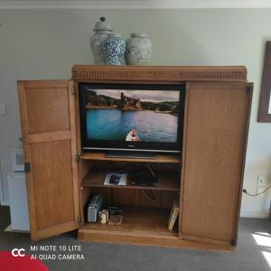 a television in a wooden entertainment center at Castor Bay Homestay in Auckland