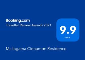 Certifikát, hodnocení, plakát nebo jiný dokument vystavený v ubytování Mailagama Cinnamon Residence
