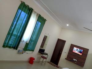 KushinagarHotel the Ideal的客厅配有绿色窗帘和电视