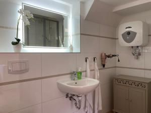 Baño blanco con lavabo y espejo en Appartement 2 Garten en Bergen auf Rügen