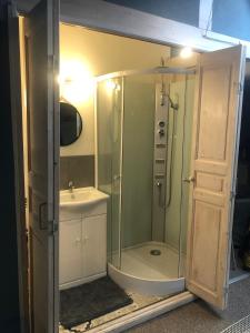 een badkamer met een douche en een wastafel bij Les tourterelles in Durbuy