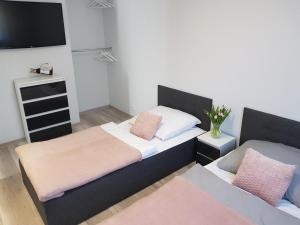 une chambre avec deux lits et une télévision au mur dans l'établissement IZERSKA ZATOKA, à Stara Kamienica