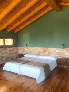 1 dormitorio con 2 camas contra una pared verde en MASIA MAS DE LA CREU, en Valderrobres