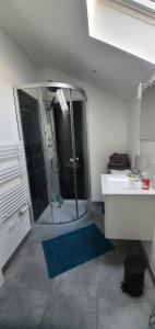 ein Bad mit einer Dusche und einem Waschbecken in der Unterkunft Appartement meublé classé 2 étoiles tout confort Lagor in Lagor