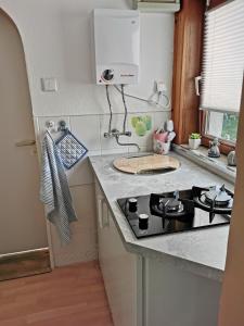 a kitchen with a stove and a counter top at Bungalow bei Warnemünde in Elmenhorst