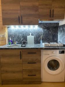 a kitchen with a sink and a washing machine at Safir Pansiyon in Cıralı