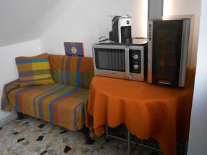 un divano con forno a microonde e una TV su un tavolo di Le Rose Malpensa a Busto Arsizio