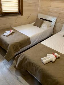 two beds in a room with towels on them at Family Wood in Svityazʼ