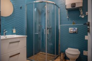 a bathroom with a shower with a toilet and a sink at Sun City Vízisport Paradicsom in Hódmezővásárhely