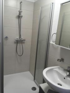 ein Bad mit einer Dusche und einem Waschbecken in der Unterkunft Apartment "Hooge" - Haus Dünengras in Büsum