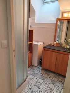 uma pequena casa de banho com um lavatório e um espelho em Vue sur le port de Dinan em Dinan