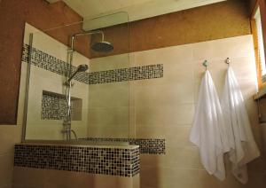 a bathroom with a shower and a sink at Los Chajá Ecolodge in Barra de Valizas