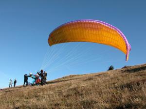 a group of people standing on a hill with a parachute at Hôtel Restaurant Wolf in Markstein 