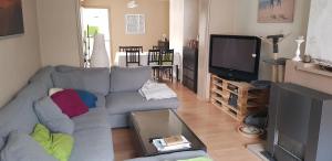 sala de estar con sofá gris y TV en Cozy house, en Turnhout