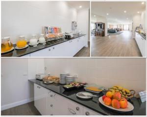duas fotos de uma cozinha com fruta no balcão em Bathurst Gold Panner em Bathurst