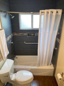 a bathroom with a white toilet and a shower at Convention Center Inn & Suites in San Jose