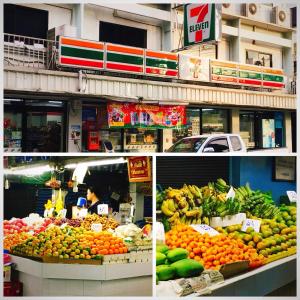 a collage of pictures of a market with fruits and vegetables at Sleepy and Homey Don Mueang Airport Hostel in Bangkok