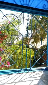 a window with a view of a garden with flowers at Bet El Kerem Guesthouse in Aswan
