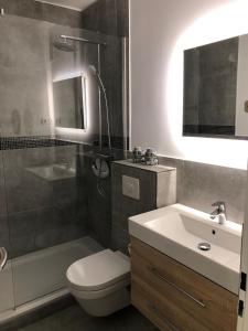 Un baño con inodoro, lavabo y ducha. en Seedeich, en Cuxhaven 65 fotos más