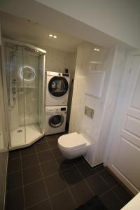 a bathroom with a toilet and a washing machine at Krsferie leiligheter ved sentrum - Grim in Kristiansand