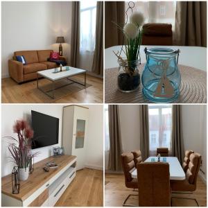 a collage of four pictures of a living room at MEERzeit-Norderney in Norderney