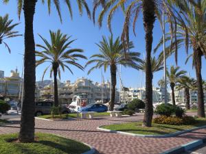 a row of palm trees in a parking lot at La Luna Blanca in Torremolinos