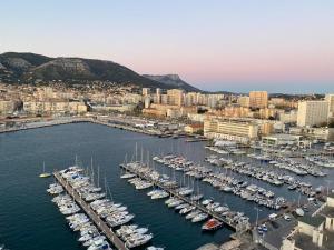 an aerial view of a harbor filled with boats at la Goelette in Toulon