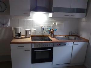 a small kitchen with a stove and a sink at Ferienwohnung Neckarblick in Heidelberg