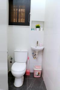 a bathroom with a toilet and a sink at Rhodabode Apartments. A Luxury 3 bedroom bungalow. in Abuja