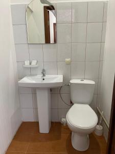 La salle de bains est pourvue de toilettes blanches et d'un lavabo. dans l'établissement Motel Tranzyt Plus, à Girka Polonka