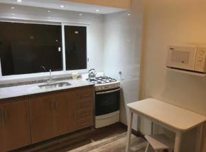 Departamentos Premium - 2 Ambientes - Excelente ubicación في ميرامار: مطبخ مع موقد ومغسلة ونافذة