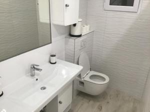 bagno bianco con servizi igienici e lavandino di Apartments Tomato a Novigrad Istria