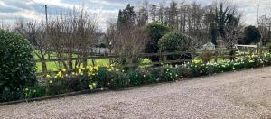 a wooden fence with flowers in a garden at Glenbrae House 3 bedrooms near Nantwich with countryside views on private driveway in Nantwich