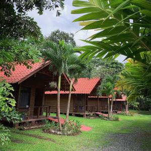 a house with a red roof and some palm trees at La Fortuna Waterfall Bungalows in Fortuna