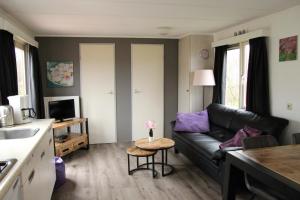 ein Wohnzimmer mit einem Sofa und einem Tisch in der Unterkunft Hofgalow Chalet op camping "De Stal" in Drijber