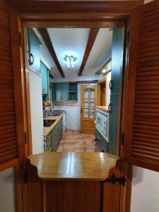 a kitchen with green cabinets and a counter top at Gernika Urdaibai in Guernica y Luno