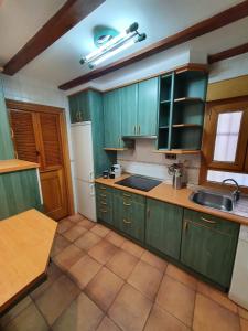 eine Küche mit grünen Schränken und einem Waschbecken in der Unterkunft Gernika Urdaibai in Gernika