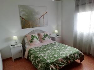 a bedroom with a bed with a green and pink bedspread at CASA CANDELARIA,PARKING,AIR,WIFi in Candelaria